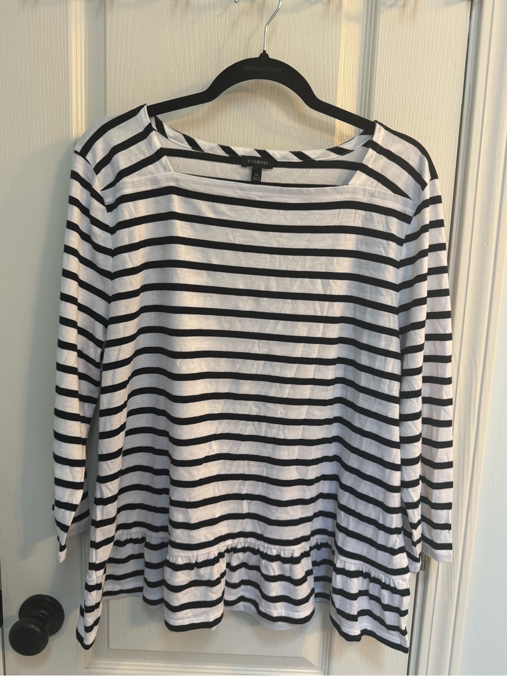 Talbots Black and White Striped Peplum Long-Sleeve Top
